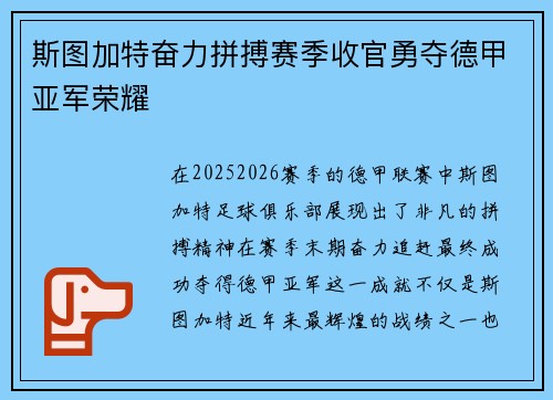 斯图加特奋力拼搏赛季收官勇夺德甲亚军荣耀